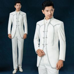 freeshipping 2016new fasion Royal Prince tuxedo male host Choir costumes studio photos theme Embroidery mens wedding suits white