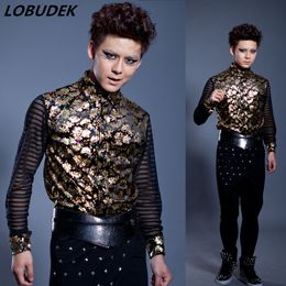 Wholesale Man Gold Shirt male Casual Shirts Wedding Formal Party Prom Printing fashion singer dancer Tide Star Concert Nightclub Costume