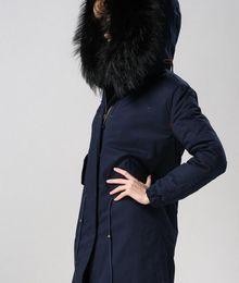 biggest size black fur trim hoody women coats Meifeng brand black rabbit fur lining navy blue long parkas