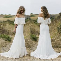 Vintage-Boho-Hochzeitskleider, schulterfrei, Sweep-Zug, kurze Ärmel, Strand-Bohemian-Brautkleider in Übergröße