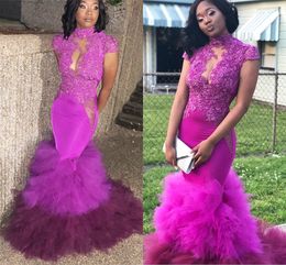 Purple Cap Sleeves Mermaid Prom Dresses High Neck Appliques Beaded Tulle Plus Size Two Tones Backless 2K18 Party Dresses Evening Dresses