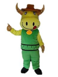 2018 High quality hot a yellow cattle mascot costume wear green suit with a small bell for sale