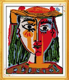 Picasso wear a hat of the woman decor paintings , Handmade Cross Stitch Embroidery Needlework sets counted print on canvas DMC 14CT /11CT