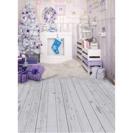 Indoor Xmas Party Background Printed Garland Purple Balls Decorated Christmas Tree Presents Kids Photography Backdrop Wood Floor