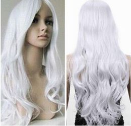 Frete grátis ++++ Longo Branco Ondulado cabelo Completo Cosplay Fancy Dress Wig