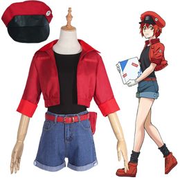 Cells at Work Erythrocite Red Blood Cell Cosplay Costume With Bag Hat Full Set