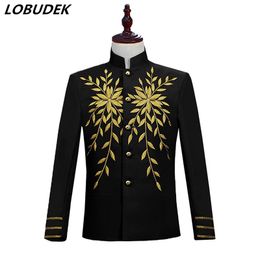 Male Red White Black Embroidery Jacket Coat Stand Collar Court Dress Nightclub Men Singer Teams Chorus Costume Bar Party Host Stage Blazers