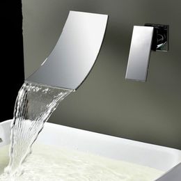 Wall Mounted Waterfall Bathroom Faucet Chrome Brass Spout Vanity Sink Mixer Tap