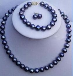 -TAHITIAN preto 9-10 mm SOUTH SEA Pearl colar pulseira brinco set 18 "+ 7.5"