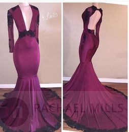 Burgundy Mermaid Evening Dresses Sexy Deep V Neck Black Applique Backless Long Sleeves Sweep Train Formal Black Prom Dresses Custom Made