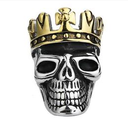 Mens Skull Ring Biker Skull Cross Crown Gothic Gold Color Ring Band stainless steel silver black fashion Hip Hop ring jewelry