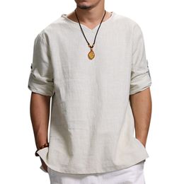 Autumn Mens Shirt Cotton V-neck 3/4 Sleeve Baggy Casual Tops Solid Colour Leisure Vintage Chinese Male Shirts 2018 Plus Size 4XL