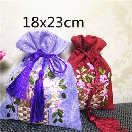 Hand Ribbon Embroidery Large Christmas Burlap Bags Gift Pouch Wedding Party Favour Bags Drawstring Bunk Fabric Pouches Packaging Bags 50pcs/