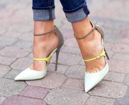 2018 Neon Ankle Buckle Patent Leather Patchwork Ladies Sexy High Heels Spring Fashion White Leather Women Pumps Elegant Party Shoes