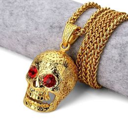 -Recomendar Skull Pendant Hip Hop Necklace 18k Joyería de Hiphop Dorado Grande Rojo Diamante para Hombres Mujeres Cadenas Largas Oro 75 cm Cadenas Collares