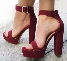 Design Women New Open Toe Suede Leather One Chunky Ankle Straps Thick Platform High Heel Sandals
