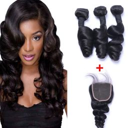 Brazilian Loose Wave Hair Weaves 3 Bundles with Closure Free Middle 3 Part Double Weft Human Hair Extensions Human Hair Weave