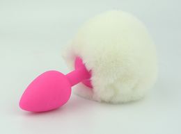 Small Size White Rabbit Tail Pink Silicone Anal Plug Sex Toy Fox Tail Beads Butt Plug For Cosplay Adult Game