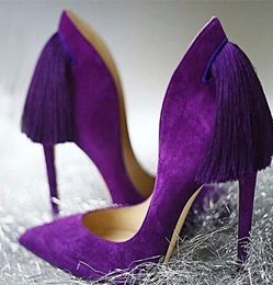 2018 new product women purple yellow suede pumps super thin high heel pointed toe tassel shoes graceful back fringe party footwear