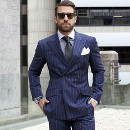 Custom Design Men's business suit Peaked Lapel Double Breasted Stripe Groom Tuxedos Men Party Groomsmen Suits(Jacket+Pants+Tie+Vest)NO;264