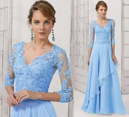 Sky Blue Chiffon Lace Mother of the Bride Dresses Crystal Custom Made Party Formal Evening Gowns Long Sleeves Mother's Dress