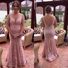 Lace V neck Dresses For Women Evening Party Formal Gowns Blush Pink Floor Length Cheap Mermaid Sequins Beading Backless Long Prom Dresses