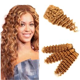 Honey Blonde Deep Wave Human Hair Extensions #27 Strawberry Blonde Lace Closure Free Part With Bundles Peruvian Virgin Hair Weaves,
