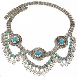 Bohemain Fashion Gypsy Silver Plated Alloy Coin Tassel Blue Resin Beads Belly Body Chain Waist Chain Body Jewellery