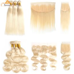 Bemiss Hair® 613 Blonde Human Hair Bundles with Closure Brazilian Virgin Hair Straight Body Wave Hair Weavs with Frontal Closure For Women