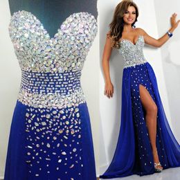 Bling Royal Blue Prom Dresses Real Pictures Sweetheart Crystal Evening Gowns High Slit 2019 New Beaded Vestidos Diamonds