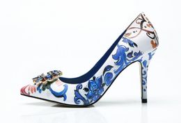2018 New arrival women blue high heels Bohemian style pumps thin heel party shoes diamond flower pumps point toe wedding dress shoes