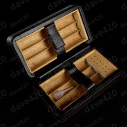 Premium Black Leather Cedar Wood-Lined Portable Cigar Travel Case Humidor - 6 Count with Humidifier and Syphon