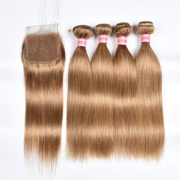 Brazilian Straight Hair Weave Bundles With Closure Honey Blonde Human Hair 3 Bundles With Closure 27# Brazilian Straight Hair Extension