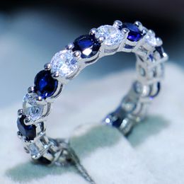 Victoria Wieck Luxury Jewelry 925 Sterling Silver Round Cut Blue Sapphire CZ Didmond Enternity Gemstones Women Wedding Engagement Band Ring