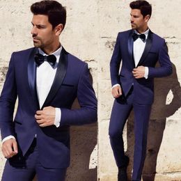 Dark Blue Groom Tuxedos Groomsman Slim Fit Business Suits Bridegroom Lapel Trim Custom Made Wedding Mens Suits (Jacket+Pants)