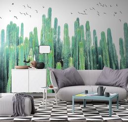 Original Nordic hand-painted cactus tropical plant TV background wall painting