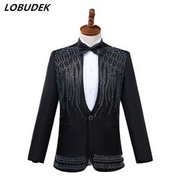 (Jacket+Pants) Formal male suits Flashing Crystals Black White Slim Blazers Host singer dancer Master for Wedding Prom Party Stage costumes