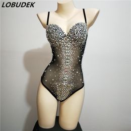 Sexy Crystal Leotard Stage Wear V Neck See Through Beaded Rhinestones Bodysuit Sleeveless Mesh Nightclub Bar DJ Singer Dance Costume Party Show Performance Tights