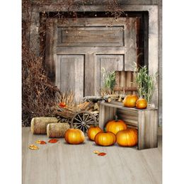 Rustic Barn Wooden Door Halloween Backdrop for Photography Printed Pumpkins Straw Baby Kids Children Autumn Photo Backgrounds