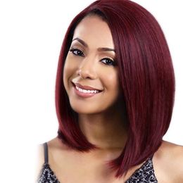 Fantastic Nice Burgundy Short Straight Bob Sintético Flequillo Inclinado Pelucas De Cabello Para Mujeres Negras Peluca De Cabello Recto