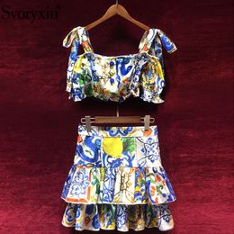 Svoryxiu Runway Summer Cotton Two Piece Set Women's Bow Sling Short Tops + Ruffles Skirts Painted Pottery Printed Skirt Suit