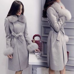 2018 Autumn Winter Woman Overcoat Wool Blends Coat Faux Fur Collar Outerwear Coats Long Tops Woollen Cloth Garment Ladies' Coat C3669