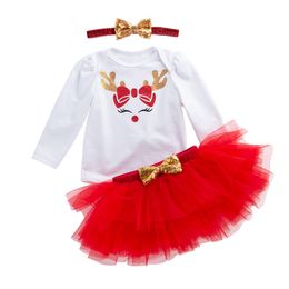 Xmas Baby outfits girls Christmas deer elk print romper+Tutu lace skirts+Sequin headband 3pcs/set Santa kids Clothing Sets 2 Colours C5310
