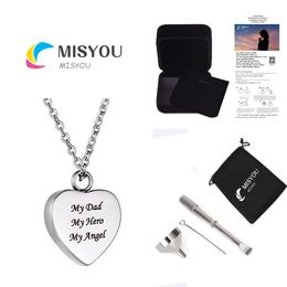 Funeral jewelry can open a heart-shaped carved stainless steel urn to remember the ashes of a family's pet hair pendant necklace