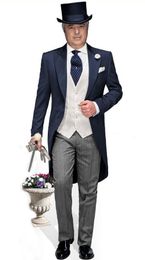 Navy Blue Tailcoat Groom Tuxedos Morning Style Men Wedding Wear High Quality Men Formal Prom Party Suit Customize(Jacket+Pants+Tie+Vest) 993