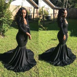 2018 African Sparkly Sequined Prom Gown Black Girl Scoop Neck Long Sleeve Mermaid Chiffon Buttom Evening Dress Party Gowns