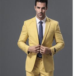 Brand New Yellow 2 Piece Suit Men Wedding Tuxdos High Quality Groom Tuxedos Notch Lapel Two Button Excellent Men Blazer(Jacket+Pants+Tie)332