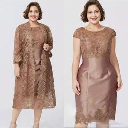 Modest Knee Length Mother Of The Bride Dresses With Jacket Lace Appliqued Plus Size Wedding Guest Dress Formal Mother Evening Gowns