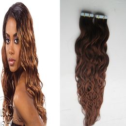 YUNTIAN 30 Auburn Brown Tape In Human Hair Extensions natural wave 100g 40pcs skin weft tape hair extensions