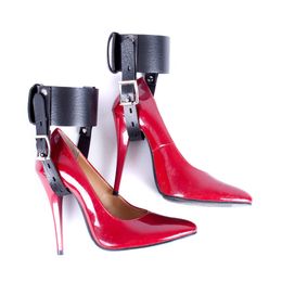 Bondage Locking Leather Ankle Belts Restraint cuffs Fixed to High Heel Shoes straps #R87